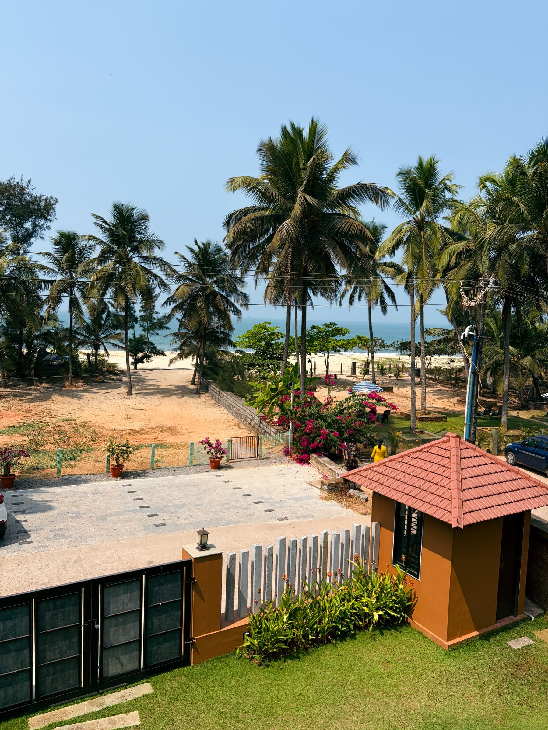 The view from a first-floor balcony: garden, palms and the sea