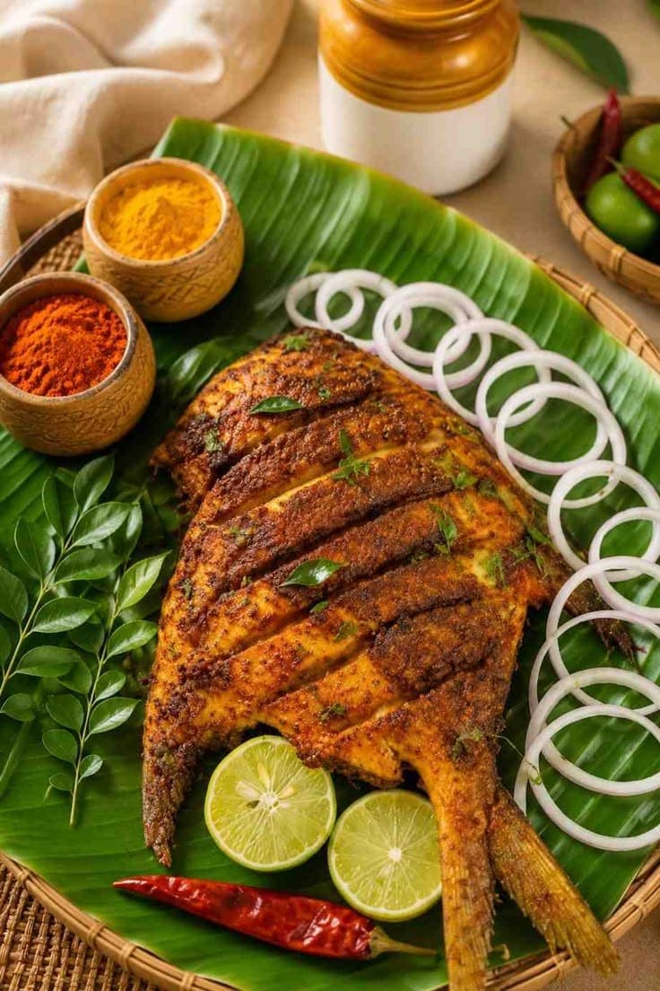 Coastal fish fry served on a banana leaf