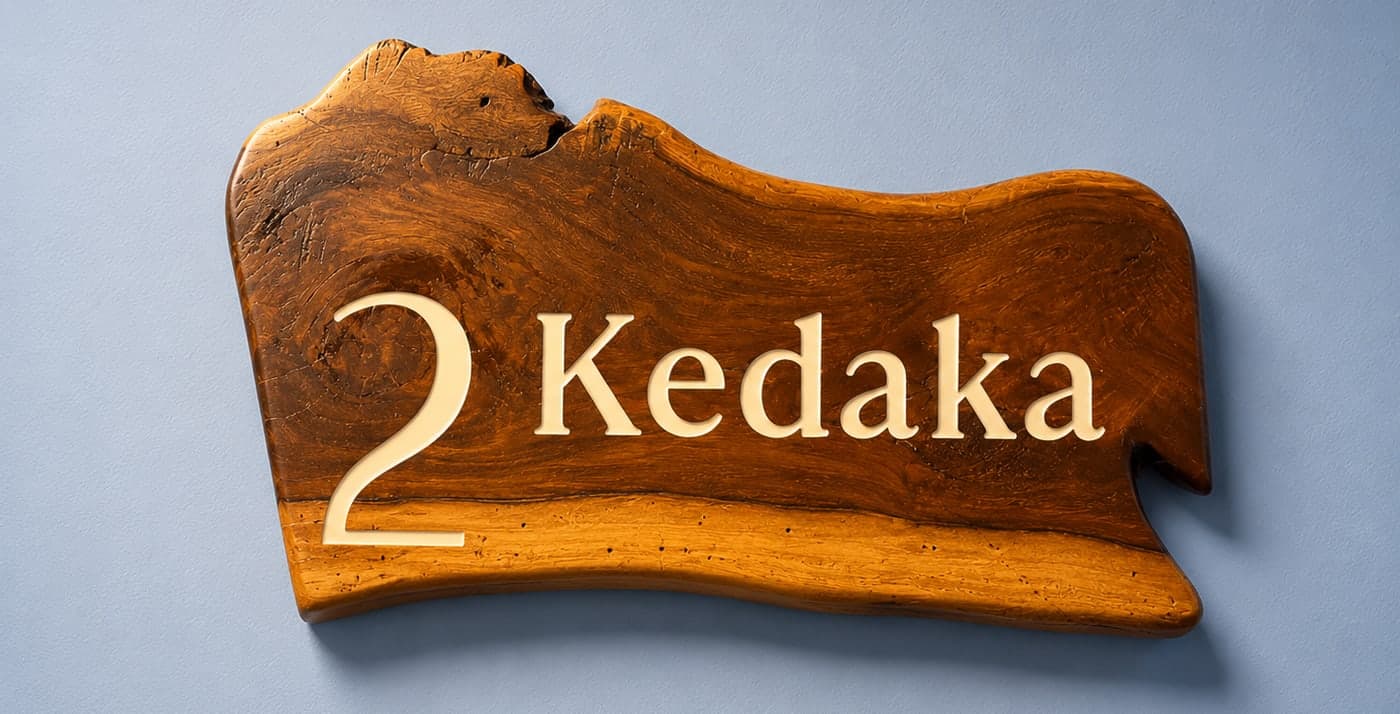 The hand-carved live-edge nameplate for Kedaka, room 2