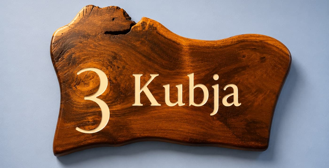The hand-carved live-edge nameplate for Kubja, room 3