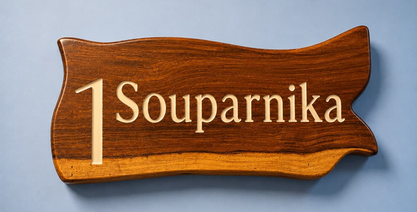 The hand-carved live-edge nameplate for Souparnika, room 1